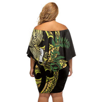 Yellow New Zealand Kowhai And Piwakawaka Family Matching Off Shoulder Short Dress and Hawaiian Shirt Maori Ngaru Paua Shell LT14 - Polynesian Pride
