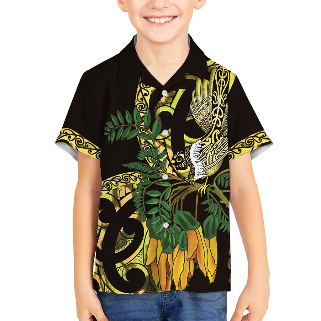Yellow New Zealand Kowhai And Piwakawaka Family Matching Off Shoulder Short Dress and Hawaiian Shirt Maori Ngaru Paua Shell LT14 Son's Shirt Yellow - Polynesian Pride