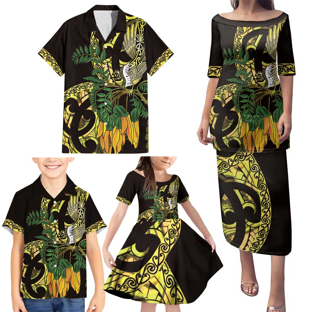 Yellow New Zealand Kowhai And Piwakawaka Family Matching Puletasi and Hawaiian Shirt Maori Ngaru Paua Shell LT14 - Polynesian Pride
