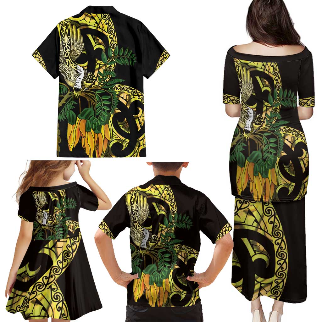 Yellow New Zealand Kowhai And Piwakawaka Family Matching Puletasi and Hawaiian Shirt Maori Ngaru Paua Shell LT14 - Polynesian Pride