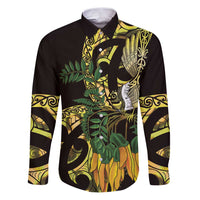 Yellow New Zealand Kowhai And Piwakawaka Family Matching Puletasi and Hawaiian Shirt Maori Ngaru Paua Shell LT14 Dad's Shirt - Long Sleeve Yellow - Polynesian Pride