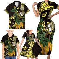Yellow New Zealand Kowhai And Piwakawaka Family Matching Short Sleeve Bodycon Dress and Hawaiian Shirt Maori Ngaru Paua Shell LT14 - Polynesian Pride
