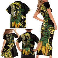 Yellow New Zealand Kowhai And Piwakawaka Family Matching Short Sleeve Bodycon Dress and Hawaiian Shirt Maori Ngaru Paua Shell LT14 - Polynesian Pride