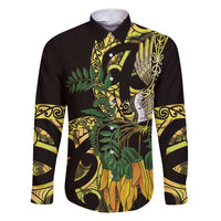 Yellow New Zealand Kowhai And Piwakawaka Family Matching Short Sleeve Bodycon Dress and Hawaiian Shirt Maori Ngaru Paua Shell LT14 Dad's Shirt - Long Sleeve Yellow - Polynesian Pride