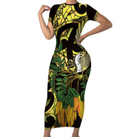 Yellow New Zealand Kowhai And Piwakawaka Family Matching Short Sleeve Bodycon Dress and Hawaiian Shirt Maori Ngaru Paua Shell LT14 Mom's Dress Yellow - Polynesian Pride