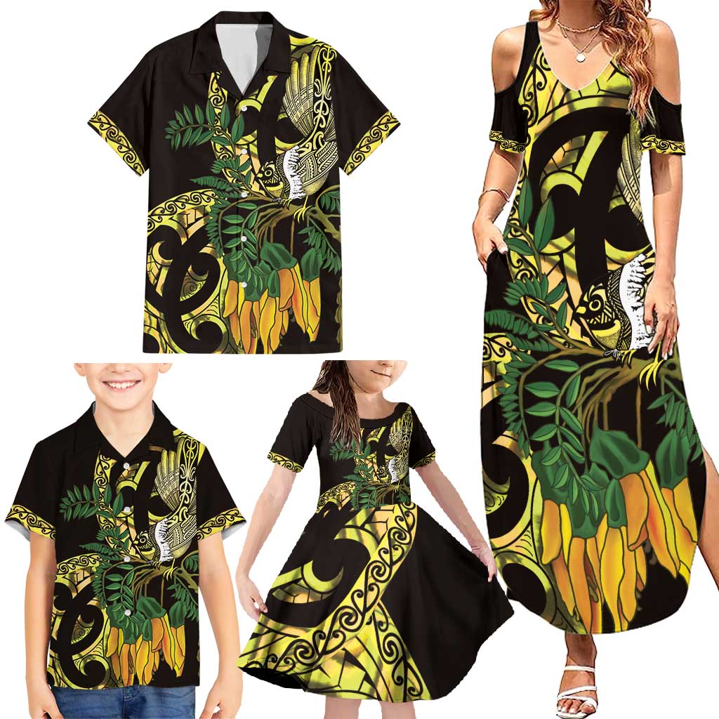 Yellow New Zealand Kowhai And Piwakawaka Family Matching Summer Maxi Dress and Hawaiian Shirt Maori Ngaru Paua Shell LT14 - Polynesian Pride