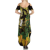 Yellow New Zealand Kowhai And Piwakawaka Family Matching Summer Maxi Dress and Hawaiian Shirt Maori Ngaru Paua Shell LT14 - Polynesian Pride