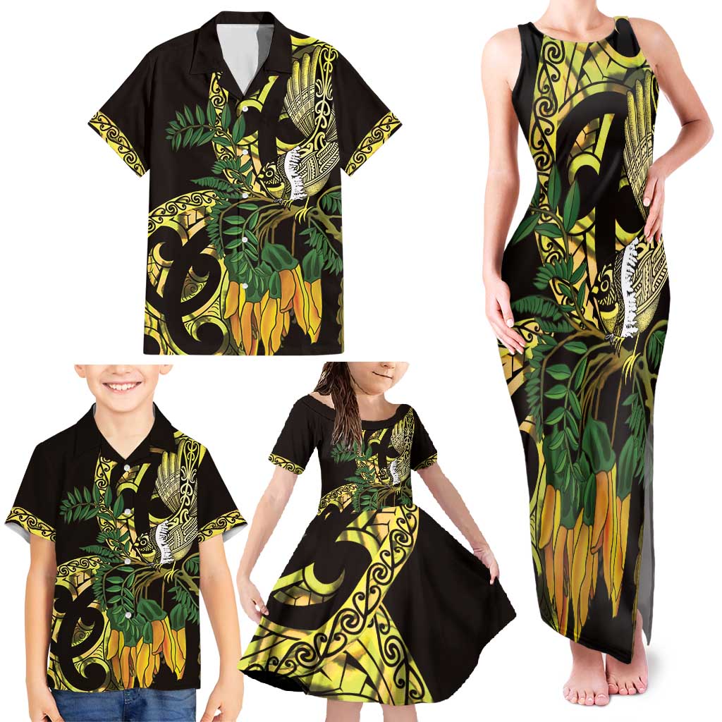 Yellow New Zealand Kowhai And Piwakawaka Family Matching Tank Maxi Dress and Hawaiian Shirt Maori Ngaru Paua Shell LT14 - Polynesian Pride
