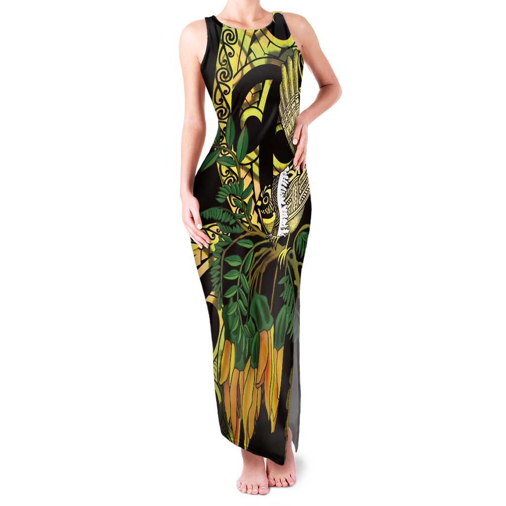 Yellow New Zealand Kowhai And Piwakawaka Family Matching Tank Maxi Dress and Hawaiian Shirt Maori Ngaru Paua Shell LT14 Mom's Dress Yellow - Polynesian Pride