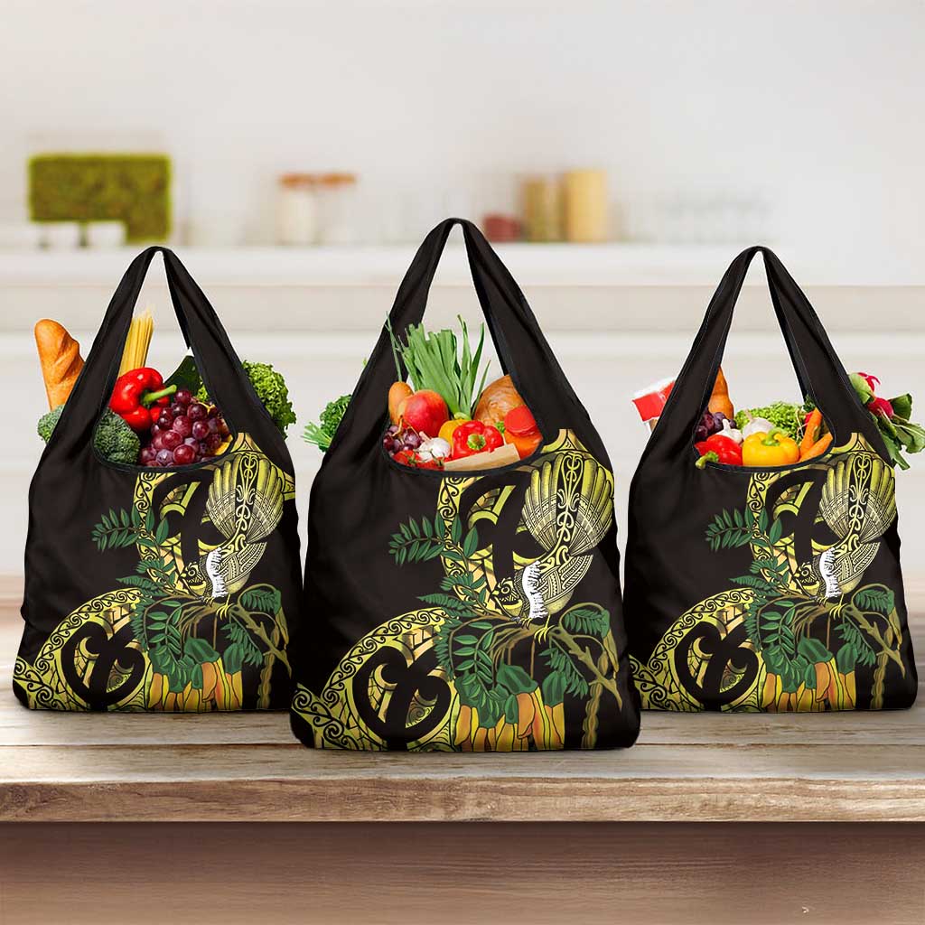 Yellow New Zealand Kowhai And Piwakawaka Grocery Bag Maori Ngaru Paua Shell LT14 3-pack One Size Yellow - Polynesian Pride