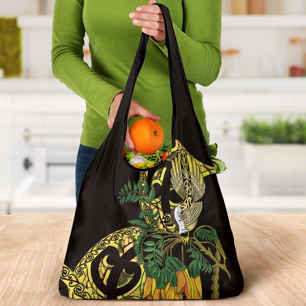 Yellow New Zealand Kowhai And Piwakawaka Grocery Bag Maori Ngaru Paua Shell LT14 - Polynesian Pride