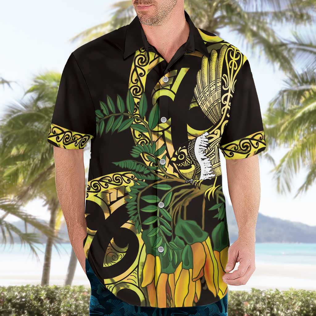 Yellow New Zealand Kowhai And Piwakawaka Hawaiian Shirt Maori Ngaru Paua Shell LT14 - Polynesian Pride