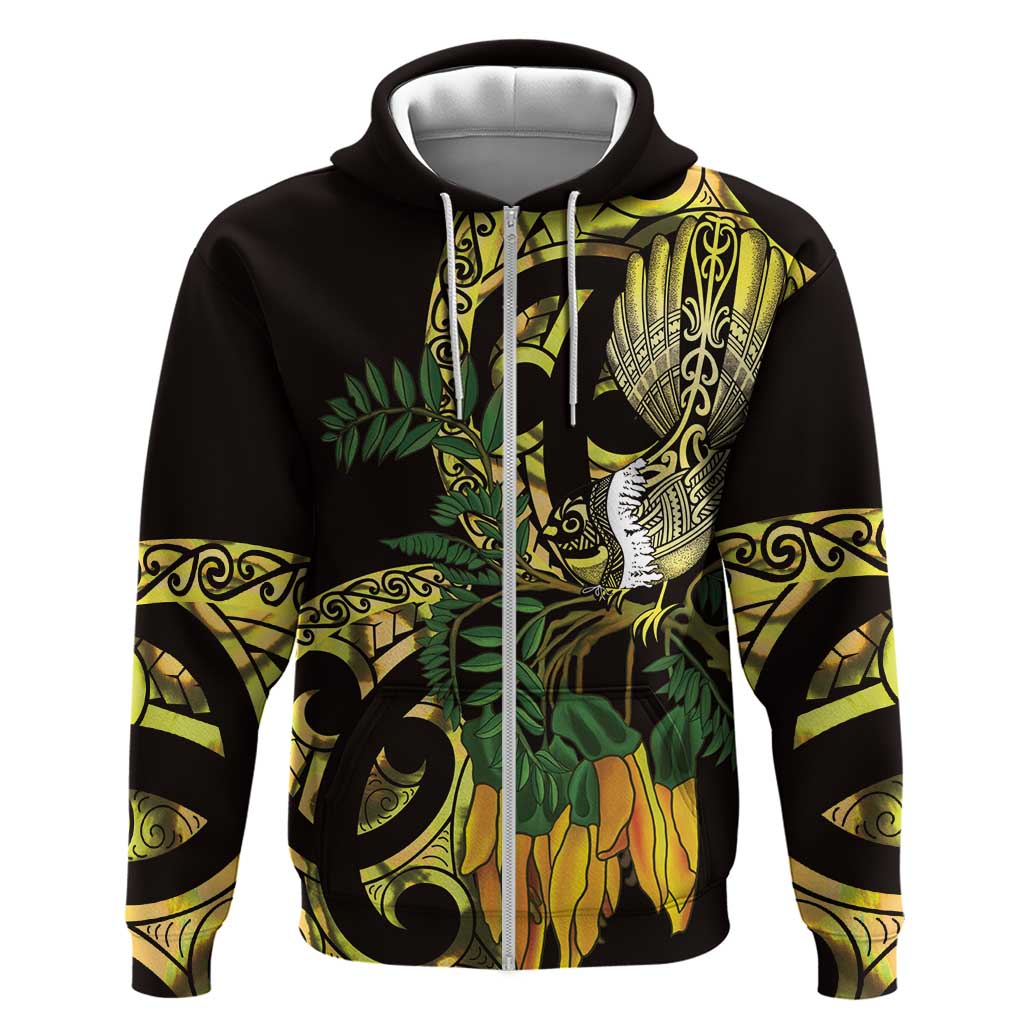 Yellow New Zealand Kowhai And Piwakawaka Hoodie Maori Ngaru Paua Shell LT14 Zip Hoodie Yellow - Polynesian Pride