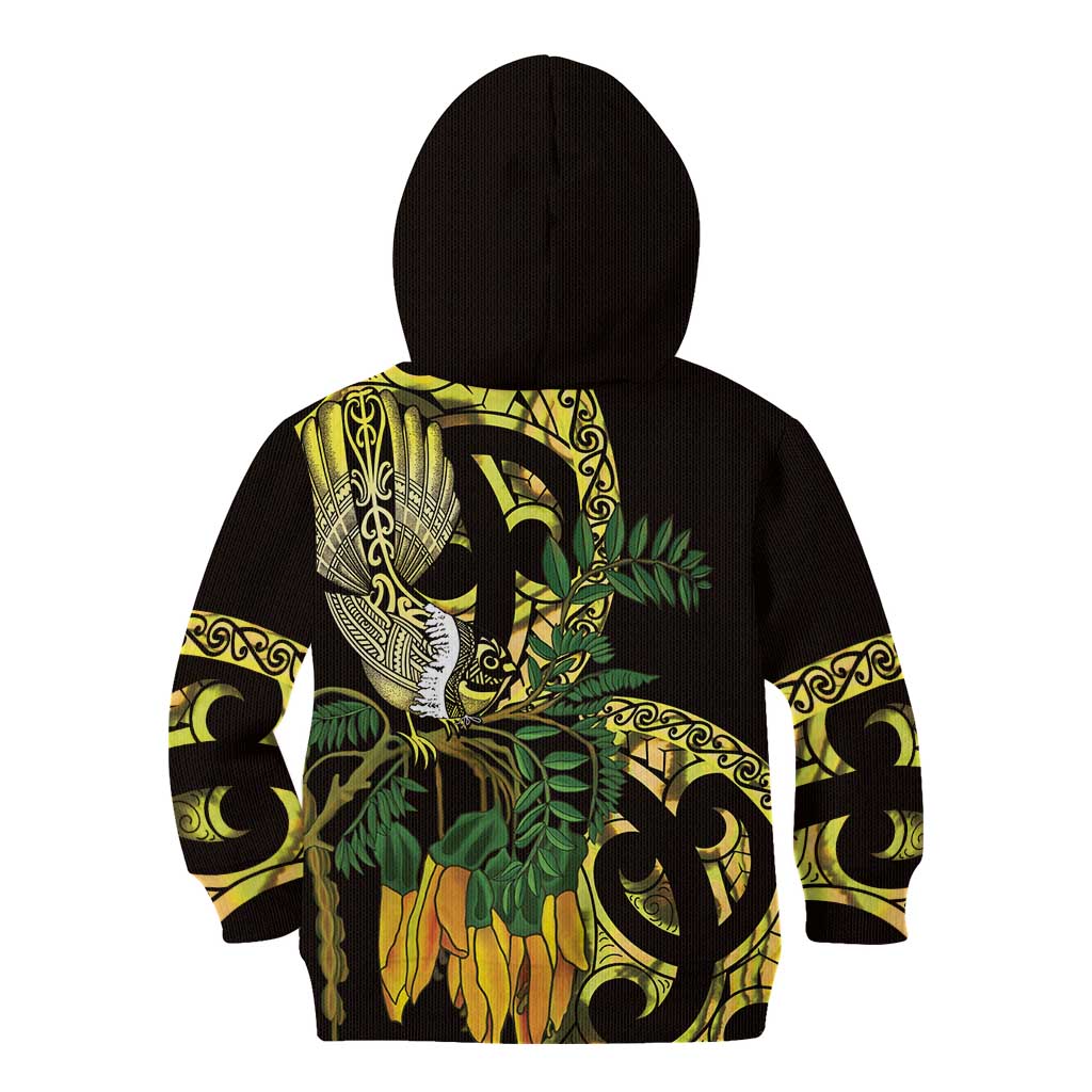 Yellow New Zealand Kowhai And Piwakawaka Kid Hoodie Maori Ngaru Paua Shell LT14 - Polynesian Pride