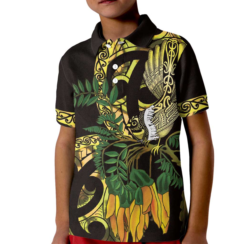 Yellow New Zealand Kowhai And Piwakawaka Kid Polo Shirt Maori Ngaru Paua Shell LT14 Kid Yellow - Polynesian Pride
