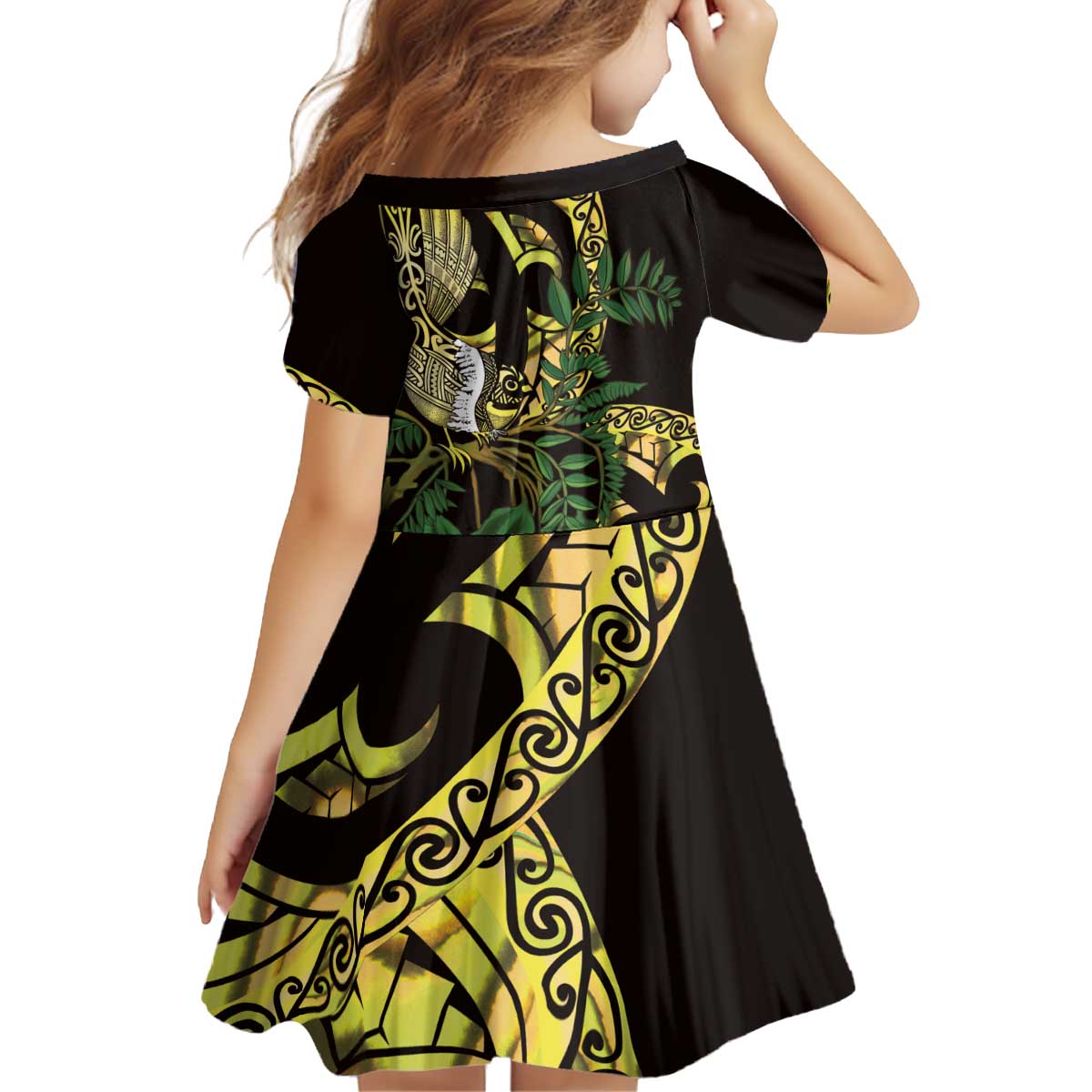 Yellow New Zealand Kowhai And Piwakawaka Kid Short Sleeve Dress Maori Ngaru Paua Shell LT14 - Polynesian Pride