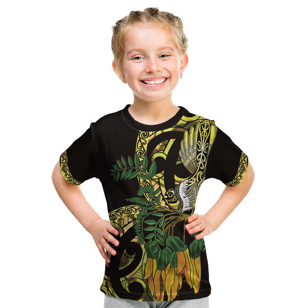 Yellow New Zealand Kowhai And Piwakawaka Kid T Shirt Maori Ngaru Paua Shell LT14 Yellow - Polynesian Pride