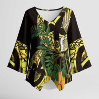 Yellow New Zealand Kowhai And Piwakawaka Kimono Sleeve Blouse Maori Ngaru Paua Shell LT14 Female Yellow - Polynesian Pride
