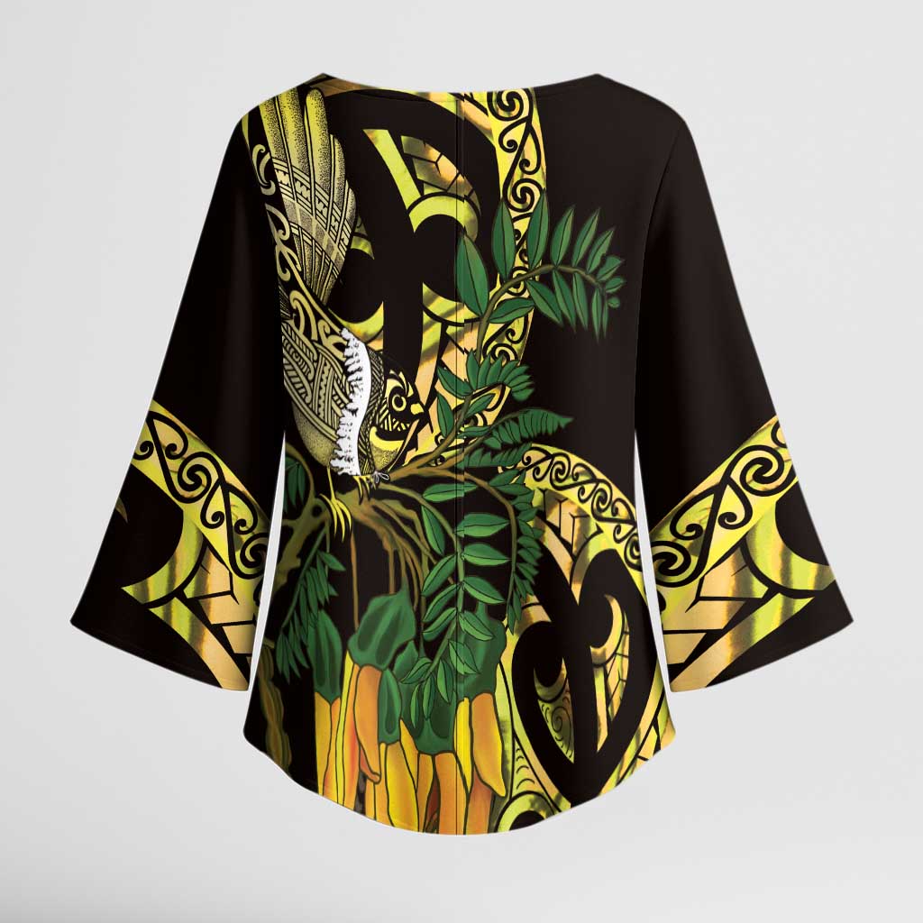 Yellow New Zealand Kowhai And Piwakawaka Kimono Sleeve Blouse Maori Ngaru Paua Shell LT14 - Polynesian Pride