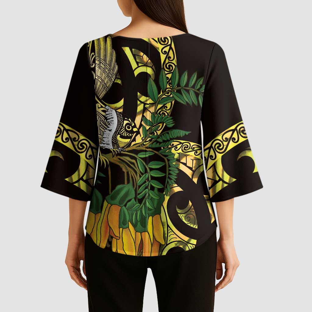 Yellow New Zealand Kowhai And Piwakawaka Kimono Sleeve Blouse Maori Ngaru Paua Shell LT14 - Polynesian Pride