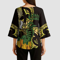 Yellow New Zealand Kowhai And Piwakawaka Kimono Sleeve Blouse Maori Ngaru Paua Shell LT14 - Polynesian Pride