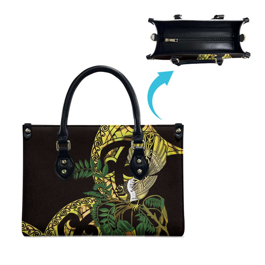 Yellow New Zealand Kowhai And Piwakawaka Leather Bag Maori Ngaru Paua Shell - Polynesian Pride