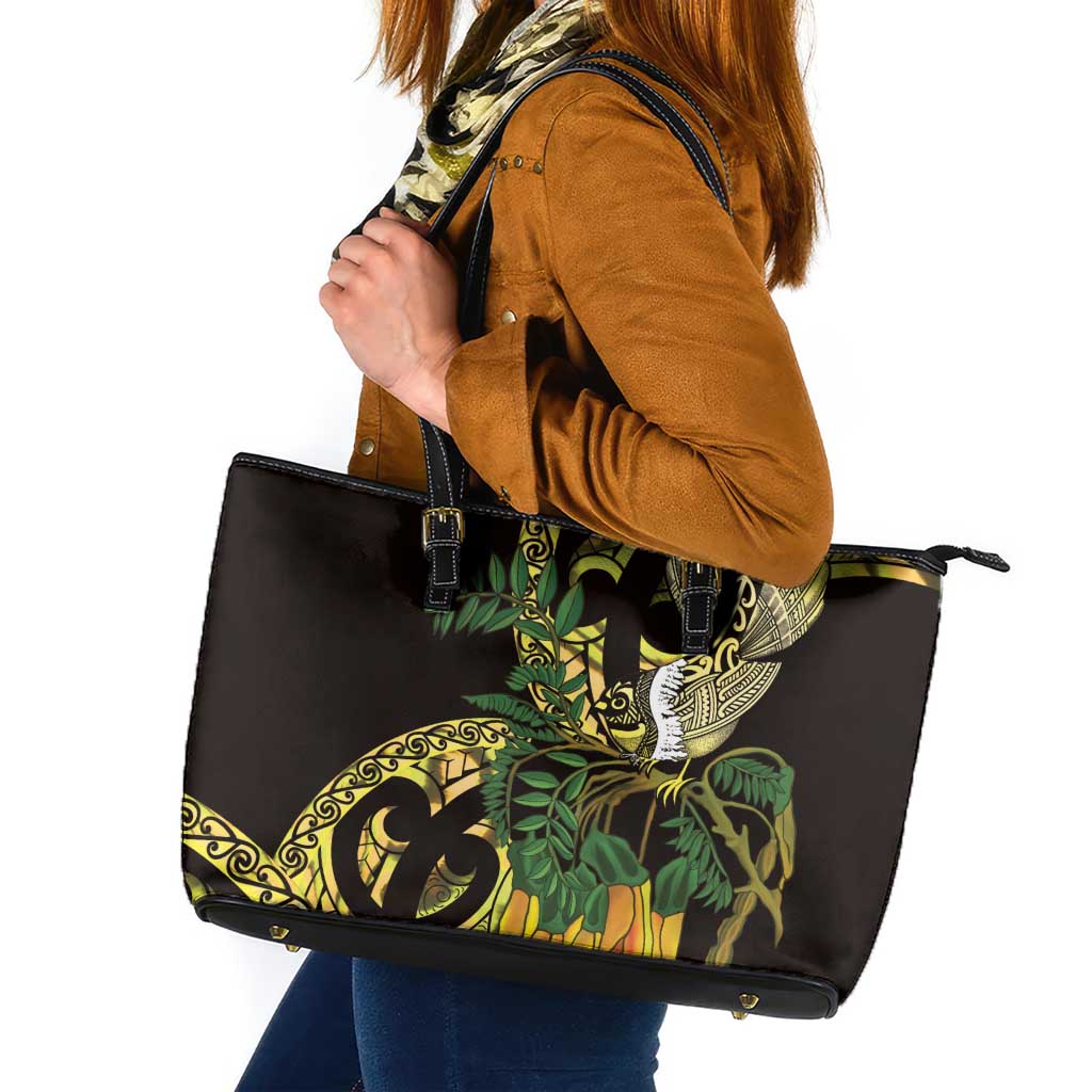 Yellow New Zealand Kowhai And Piwakawaka Leather Tote Bag Maori Ngaru Paua Shell LT14 Yellow - Polynesian Pride