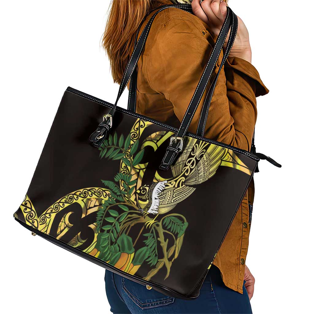Yellow New Zealand Kowhai And Piwakawaka Leather Tote Bag Maori Ngaru Paua Shell LT14 - Polynesian Pride