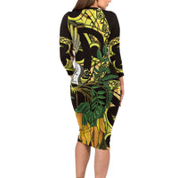 Yellow New Zealand Kowhai And Piwakawaka Long Sleeve Bodycon Dress Maori Ngaru Paua Shell LT14 - Polynesian Pride