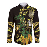 Yellow New Zealand Kowhai And Piwakawaka Long Sleeve Button Shirt Maori Ngaru Paua Shell LT14 Unisex Yellow - Polynesian Pride