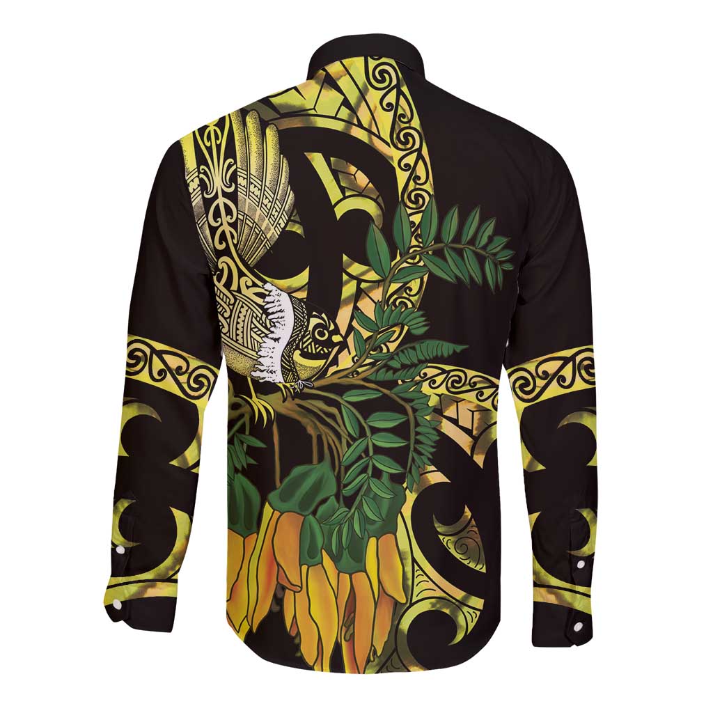 Yellow New Zealand Kowhai And Piwakawaka Long Sleeve Button Shirt Maori Ngaru Paua Shell LT14 - Polynesian Pride