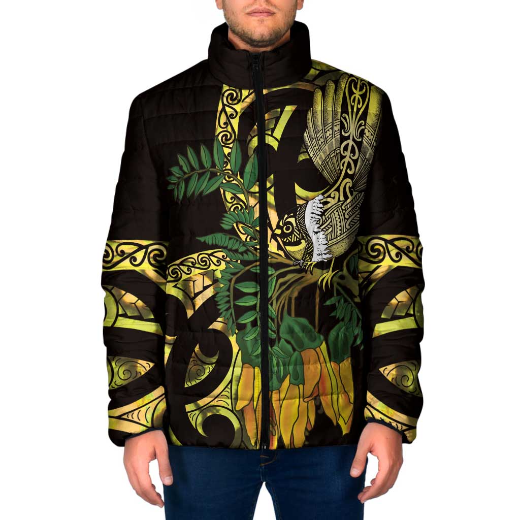 Yellow New Zealand Kowhai And Piwakawaka Padded Jacket Maori Ngaru Paua Shell - Polynesian Pride
