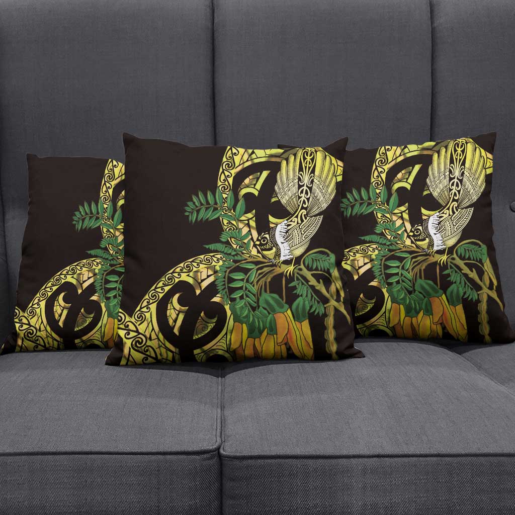 Yellow New Zealand Kowhai And Piwakawaka Pillow Cover Maori Ngaru Paua Shell LT14 - Polynesian Pride