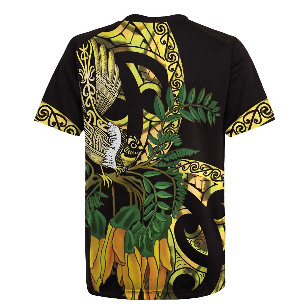 Yellow New Zealand Kowhai And Piwakawaka Rugby Jersey Maori Ngaru Paua Shell LT14 - Polynesian Pride