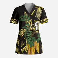 Yellow New Zealand Kowhai And Piwakawaka Scrub Top Maori Ngaru Paua Shell - Polynesian Pride