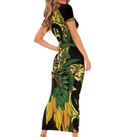 Yellow New Zealand Kowhai And Piwakawaka Short Sleeve Bodycon Dress Maori Ngaru Paua Shell LT14 - Polynesian Pride