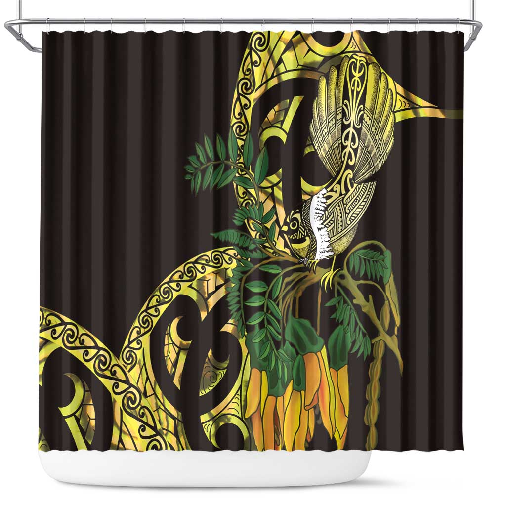 Yellow New Zealand Kowhai And Piwakawaka Shower Curtain Maori Ngaru Paua Shell LT14 Yellow - Polynesian Pride