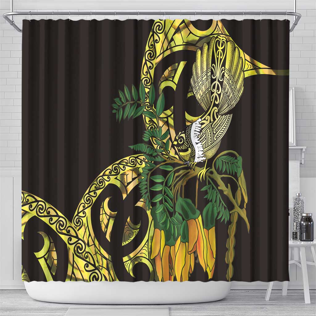 Yellow New Zealand Kowhai And Piwakawaka Shower Curtain Maori Ngaru Paua Shell LT14 - Polynesian Pride