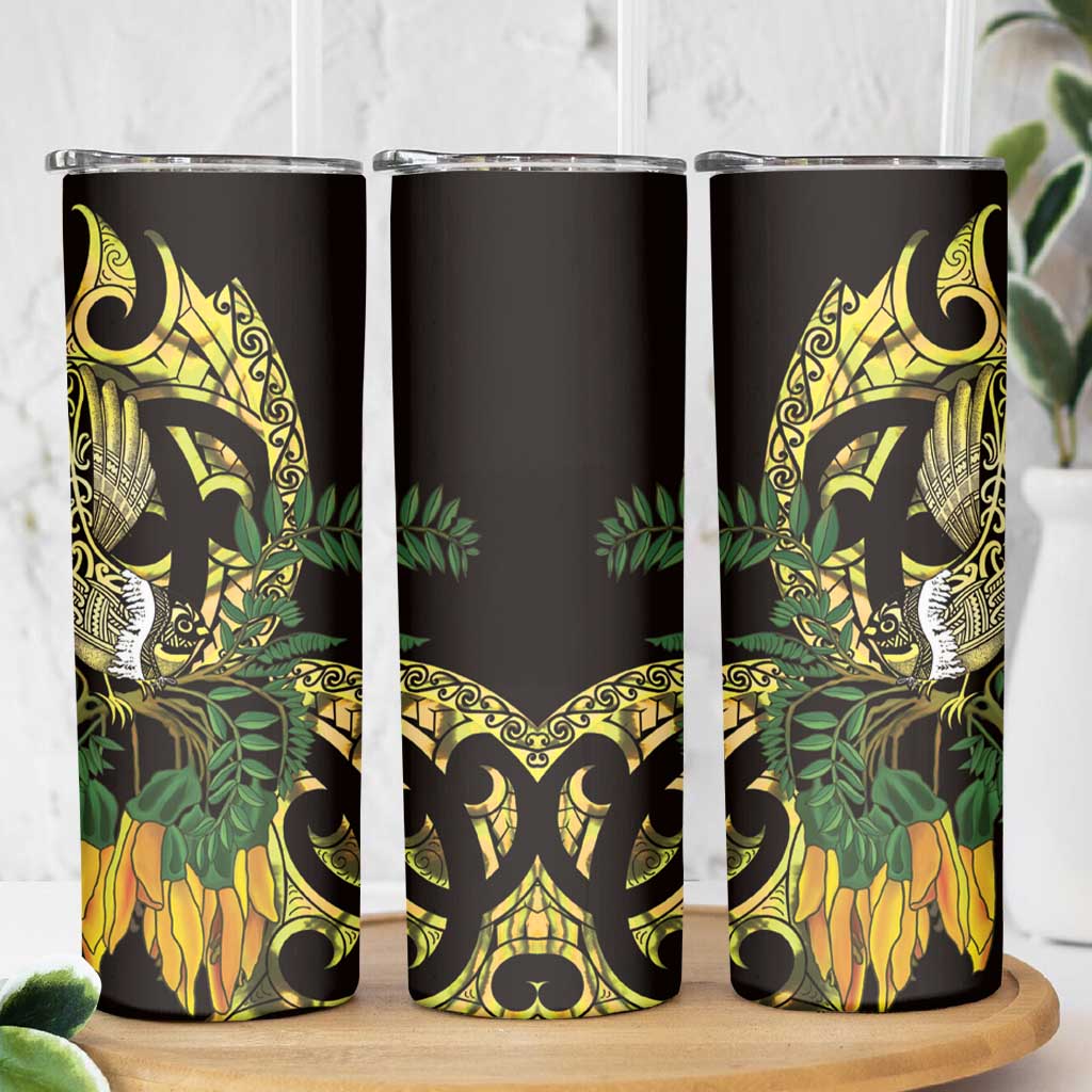 Yellow New Zealand Kowhai And Piwakawaka Skinny Tumbler Maori Ngaru Paua Shell LT14 - Polynesian Pride