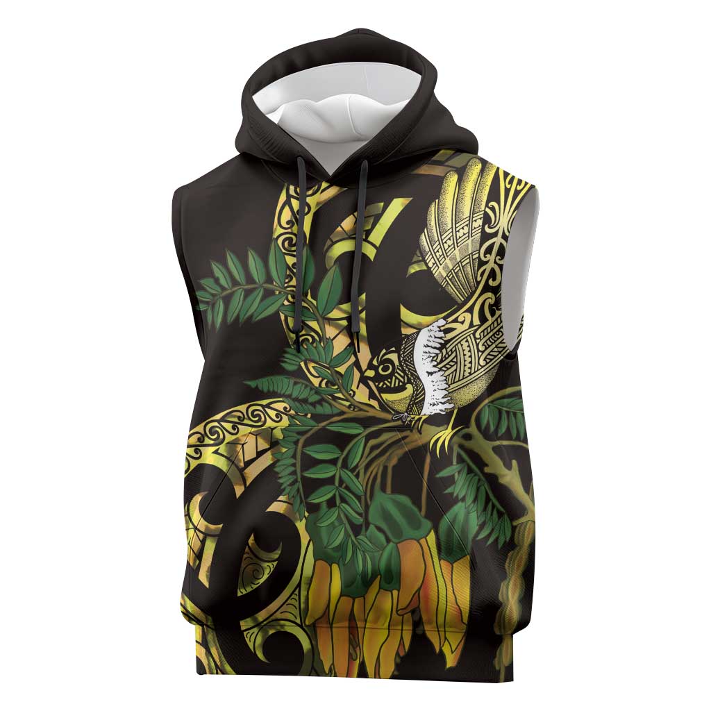 Yellow New Zealand Kowhai And Piwakawaka Sleeveless Hoodie Maori Ngaru Paua Shell LT14 Yellow - Polynesian Pride