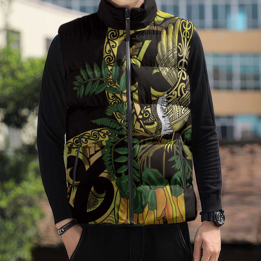 Yellow New Zealand Kowhai And Piwakawaka Sleeveless Puffer Jacket Maori Ngaru Paua Shell - Polynesian Pride