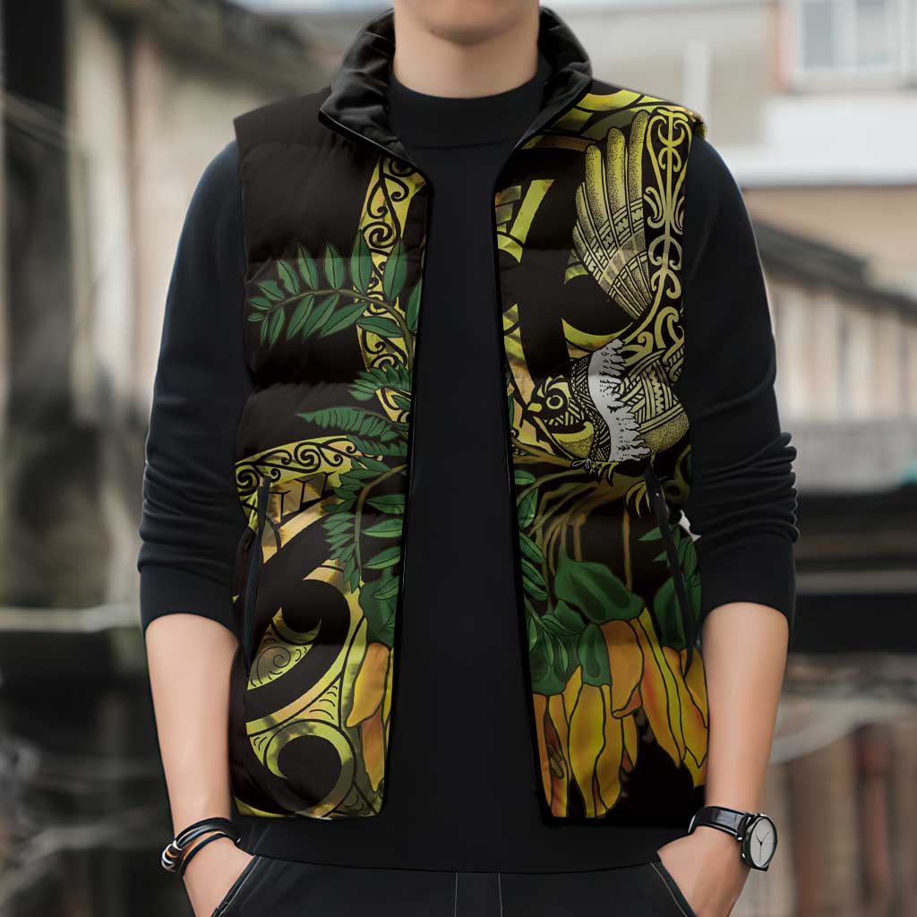 Yellow New Zealand Kowhai And Piwakawaka Sleeveless Puffer Jacket Maori Ngaru Paua Shell - Polynesian Pride