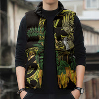 Yellow New Zealand Kowhai And Piwakawaka Sleeveless Puffer Jacket Maori Ngaru Paua Shell - Polynesian Pride