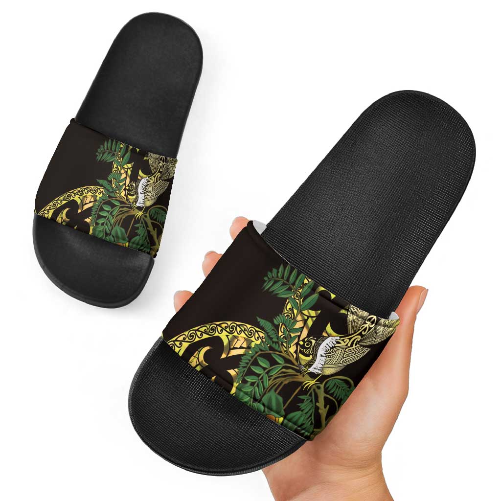 Yellow New Zealand Kowhai And Piwakawaka Slide Sandals Maori Ngaru Paua Shell LT14 - Polynesian Pride