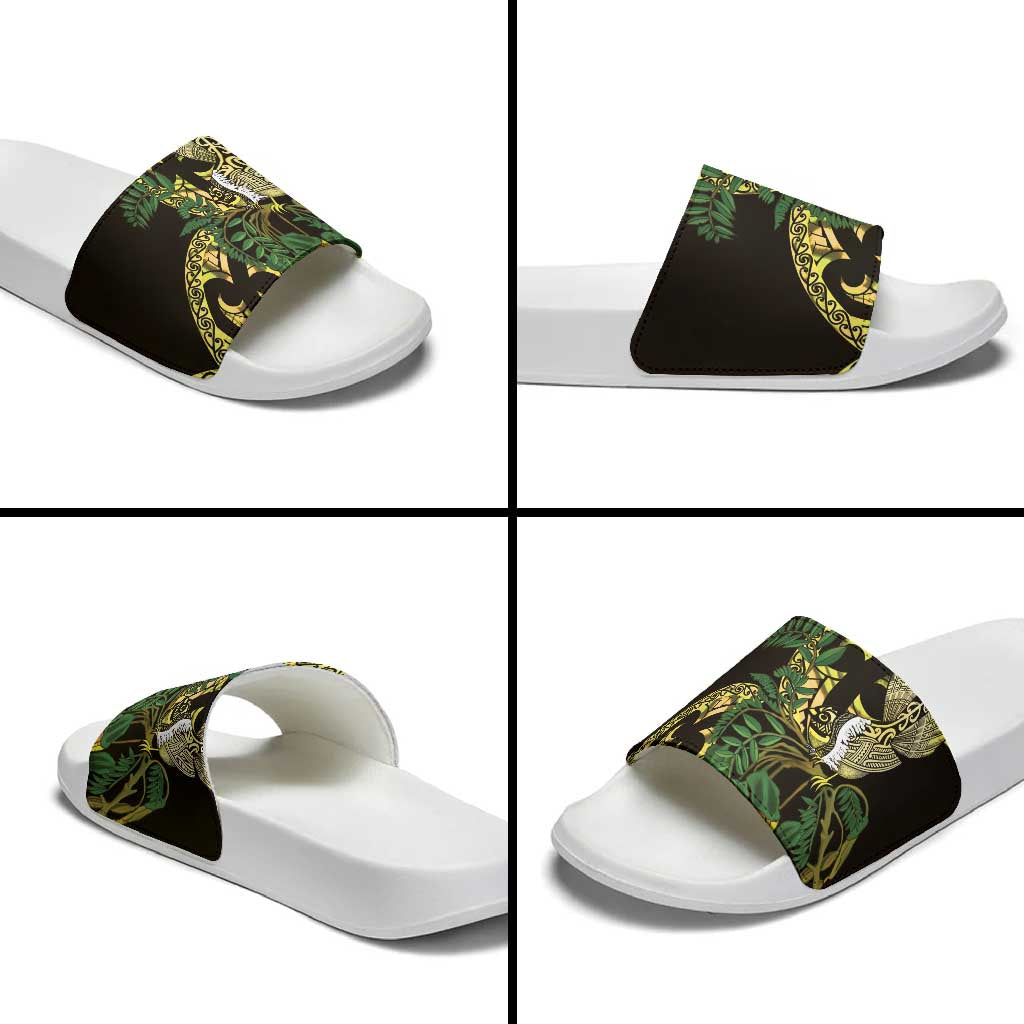 Yellow New Zealand Kowhai And Piwakawaka Slide Sandals Maori Ngaru Paua Shell LT14 - Polynesian Pride