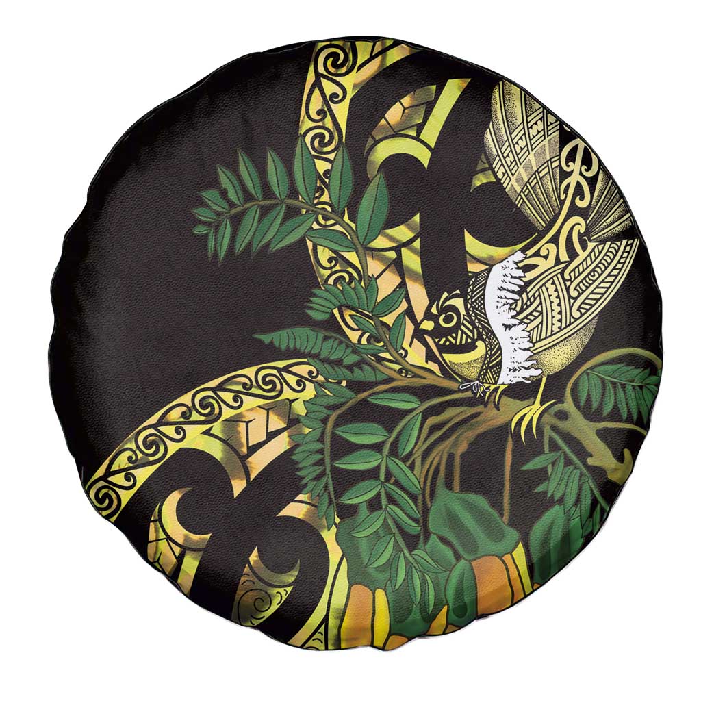 Yellow New Zealand Kowhai And Piwakawaka Spare Tire Cover Maori Ngaru Paua Shell LT14 - Polynesian Pride