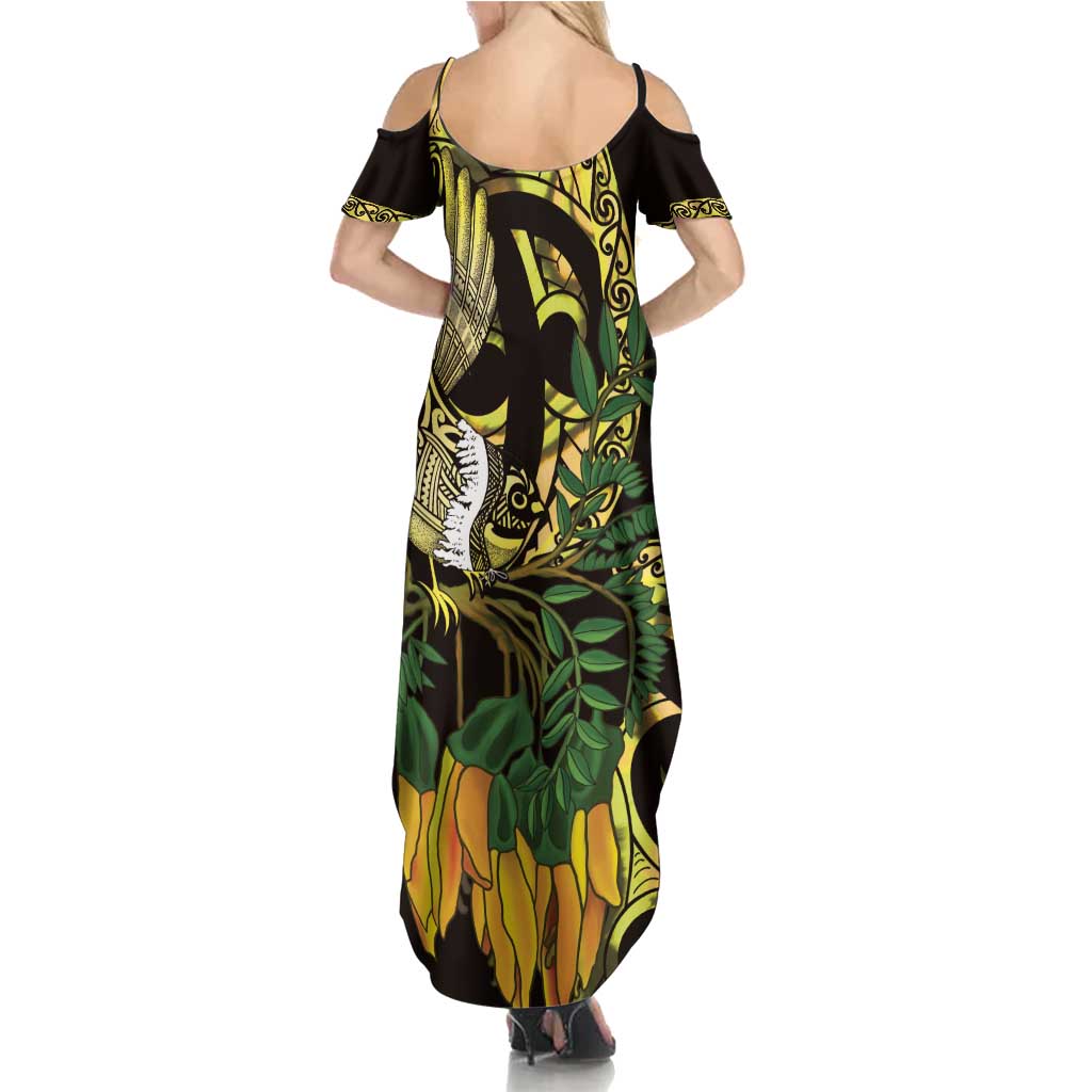 Yellow New Zealand Kowhai And Piwakawaka Summer Maxi Dress Maori Ngaru Paua Shell LT14 - Polynesian Pride