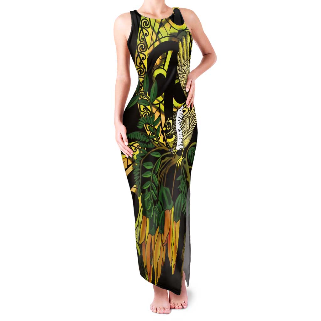 Yellow New Zealand Kowhai And Piwakawaka Tank Maxi Dress Maori Ngaru Paua Shell LT14 Women Yellow - Polynesian Pride