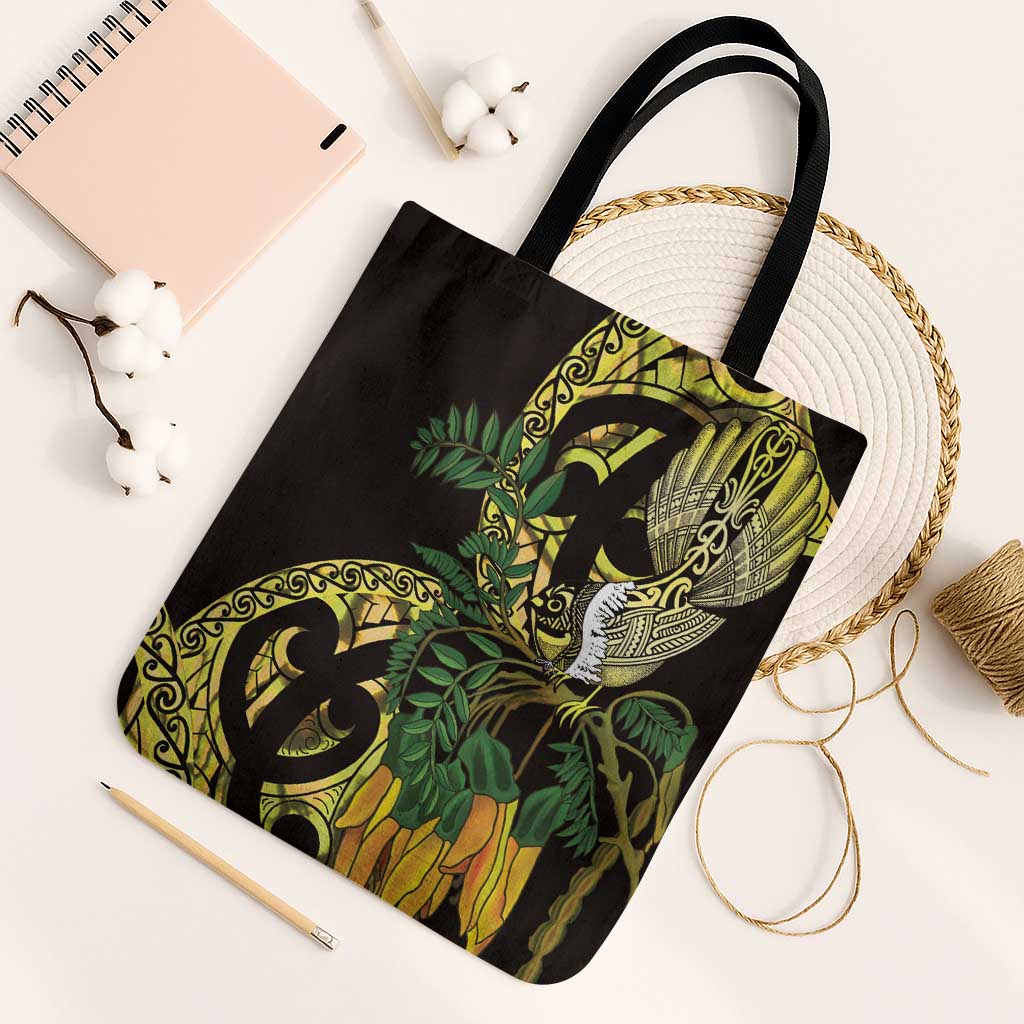 Yellow New Zealand Kowhai And Piwakawaka Tote Bag Maori Ngaru Paua Shell - Polynesian Pride