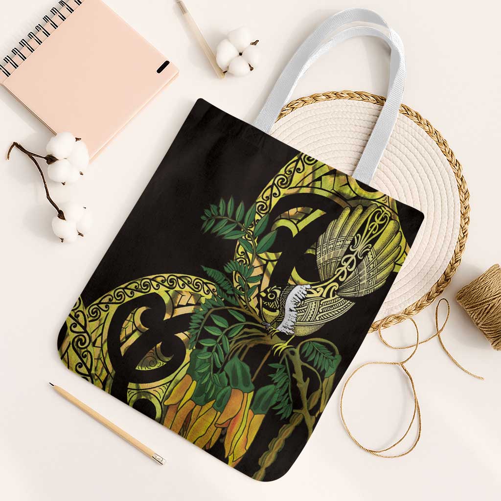 Yellow New Zealand Kowhai And Piwakawaka Tote Bag Maori Ngaru Paua Shell LT14 White Strap One Size Yellow - Polynesian Pride